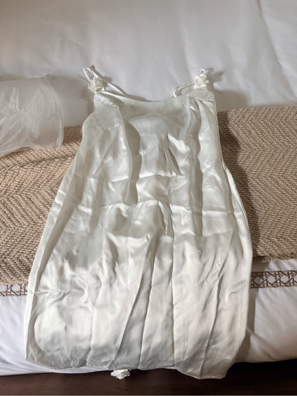 Meshki White Satin Slip Chemise with Delicate Shoulder Ties
